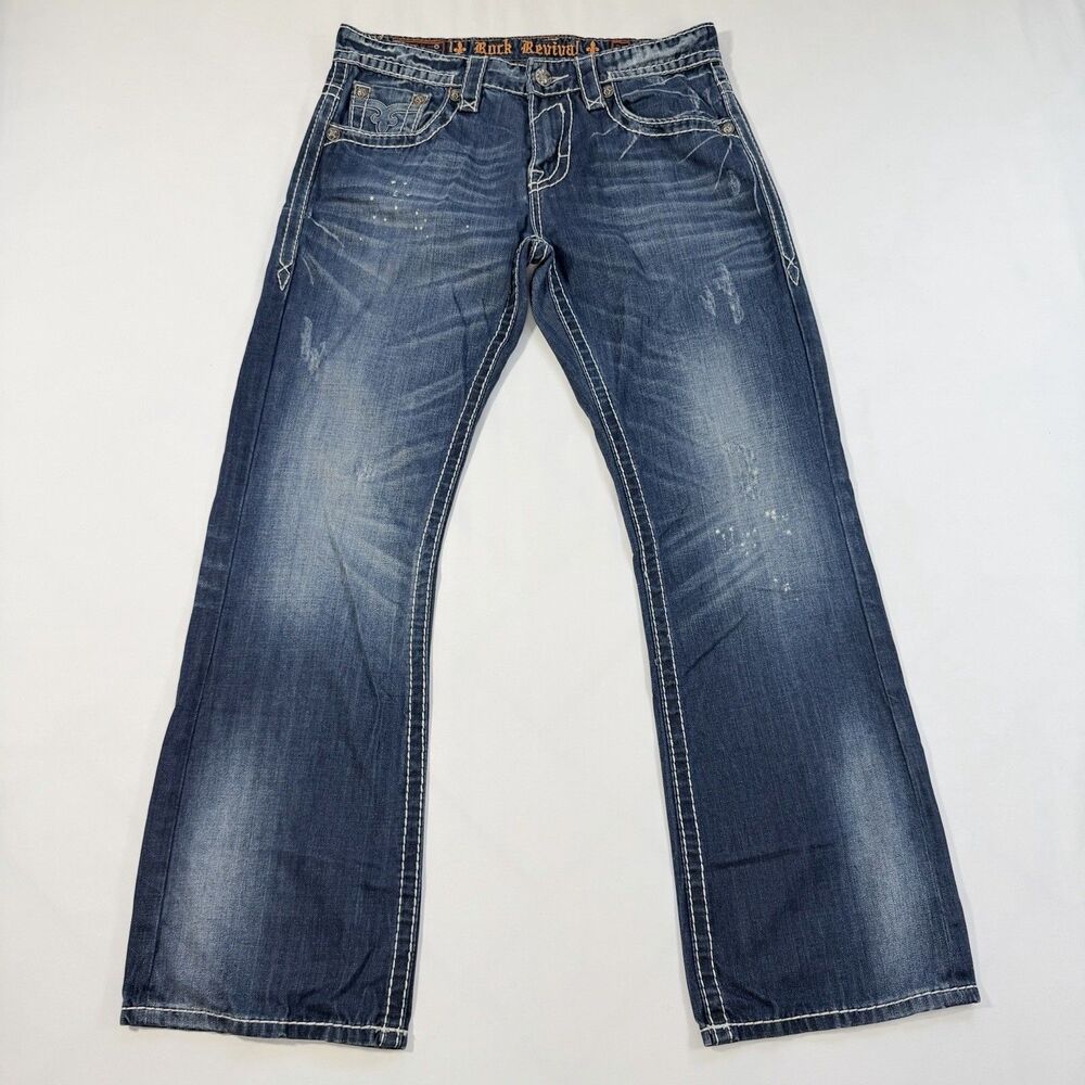 Rock Revival Mason Jeans Sz 33 Blue Distressed Bootcut Denim Y2K Grunge Festival - Picture 2 of 13